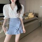 Puff-sleeve Lace Blouse / Ruffled A-line Skirt