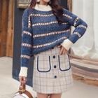 Set: Mock Neck Striped Sweater + Plaid A-line Skirt