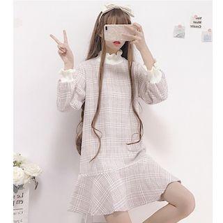 Wavy Plaid Long-sleeve Ruffle-hem Dress As Shown In Figure - One Size