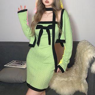Set: Strapless Bow Accent Knit Mini Bodycon Dress + Cropped Cardigan