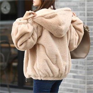Banded-hem Faux-fur Zip-up Hoodie
