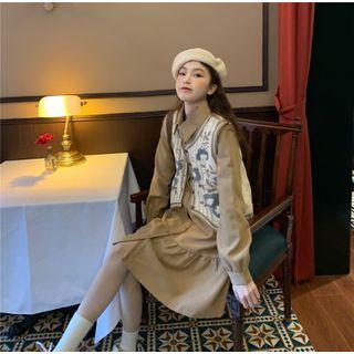 Floral Print Knit Vest + Polo-neck Shirt Dress