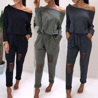 Drawstring Waist Distressed Jumpsuit