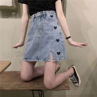 Heart Embroidered Slit Denim Skirt