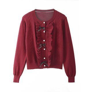 Ribbon Ruffled Cropped Cardigan / Pleated Mini A-line Skirt