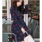 Bow Print Collared Long Sleeve A-line Dress