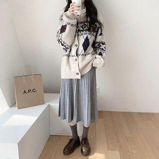 Patterned Cardigan / Midi A-line Skirt / Set