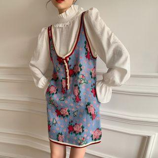 Sleeveless Floral Print Henley Knit Mini Dress / Mock-neck Blouse