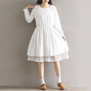 Long-sleeve Lace Trim Pleated Dress