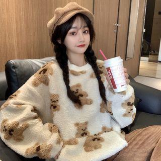 Faux Shearling Bear Print Pullover