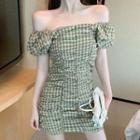 Gingham Off-shoulder Shirred Mini Dress