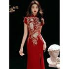 Short-sleeve Embroidered Ruffle Hem Maxi Qipao