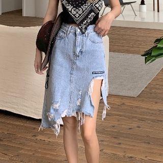 Irregular Distressed Denim A-line Skirt