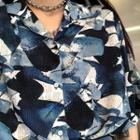Elbow-sleeve Printed Shirt Light Blue & Dark Blue & White - One Size