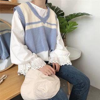 Color-block Knit Vest / Print Long-sleeve Loose-fit Blouse