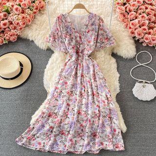 V-neck Bell Sleeve Floral Print Chiffon Dress