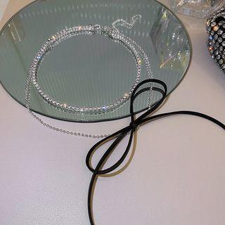 Rhinestone Ribbon Layered Choker Black & Silver - One Size