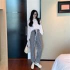 Drawstring Cropped Pullover / Gingham Straight-cut Pants