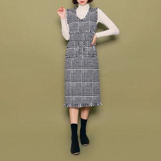 Sleeveless Glen-plaid Long Dress