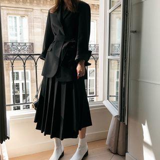 Set: Plain Tie-waist Blazer + Midi A-line Skirt