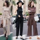 Set: Open Front Cardigan + Sleeveless Ribbed Drawstring Knit Top + Knit Wide Leg Pants
