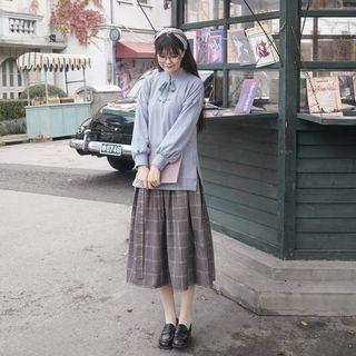 Frog Buttoned Knit Top / Plaid Midi Skirt