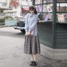 Frog Buttoned Knit Top / Plaid Midi Skirt