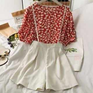Set: Puff-sleeve Floral Top + Wide-leg Jumper Shorts