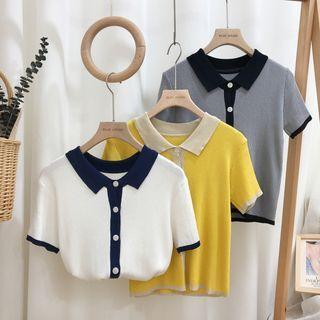 Contrast Trim Collared Short-sleeve Knit Cardigan