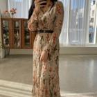 Shirred Crinkled Long Floral Dress With Belt