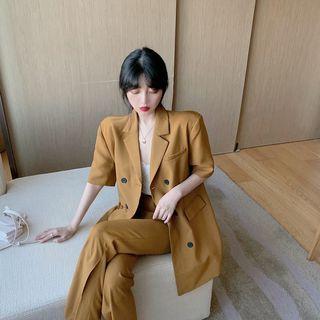 Plain Short-sleeve Blazer / High Waist Wide Leg Split Pants