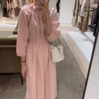 3/4-sleeve Frill-trim Midi Dress Pink - One Size