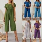 Buttoned Short-sleeve Cropped Jumpsuit