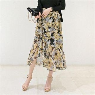 Frill-hem Pattern Long Surplice-wrap Skirt