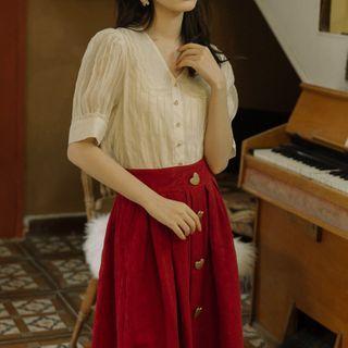 Set: Short-sleeve Layered Collar Blouse + A-line Midi Skirt