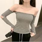 Long-sleeve Off-shoulder Striped Top Top - Stripes - Black & White - One Size
