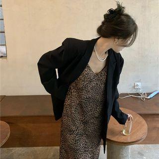 Spaghetti Strap Leopard Print A-line Maxi Dress / Oversized Double Breasted Blazer