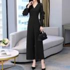 Long-sleeve V-neck Ruffled Wide Leg Jumpsuit