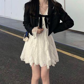 Cropped Single-breasted Blazer / Long-sleeve Lace Mini A-line Dress