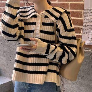 Sailor Collar Henley Striped Sweater