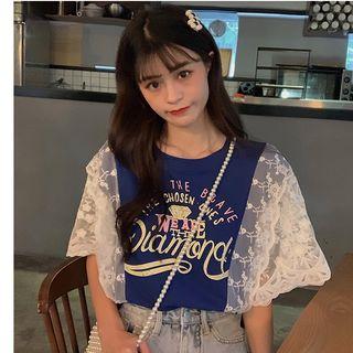 Lettering Lace Panel Elbow-sleeve T-shirt