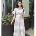 Striped Short-sleeve Midi A-line Dress As Shown In Figure - One Size
