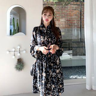 Tie-neck Frill-trim Midi Floral Dress Black - One Size