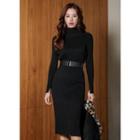 Slit-cuff Midi Rib-knit Dress