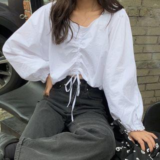 Drawstring Balloon-sleeve Cropped Blouse