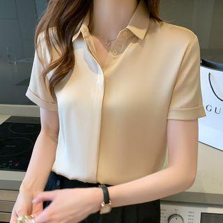 Short-sleeve Plain Button-up Chiffon Light Shirt