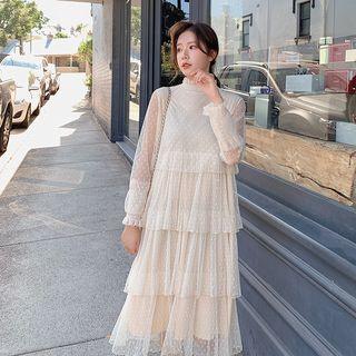 Dotted Mesh Long-sleeve Layered Midi Dress