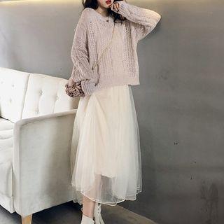 Mesh Midi Tank Dress / Crew-neck Cable Knit Sweater