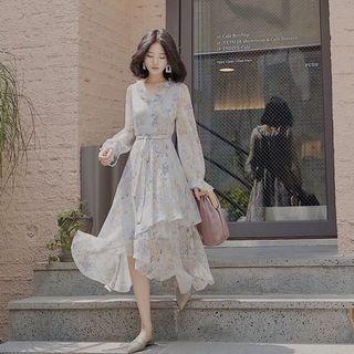 Floral Elbow-sleeve Blouse / Long-sleeve Midi Dress
