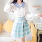 Set: Collared Blouse + Plaid A-line Skirt